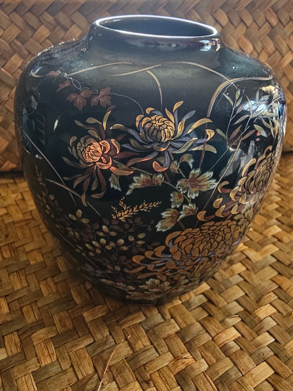 Japanese Black and Gold Floral Ceramic Vase